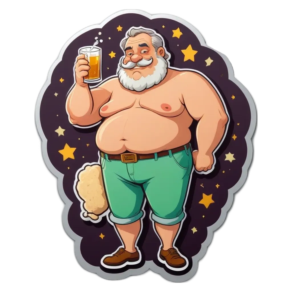 a man with a beer and stars on a sticker.