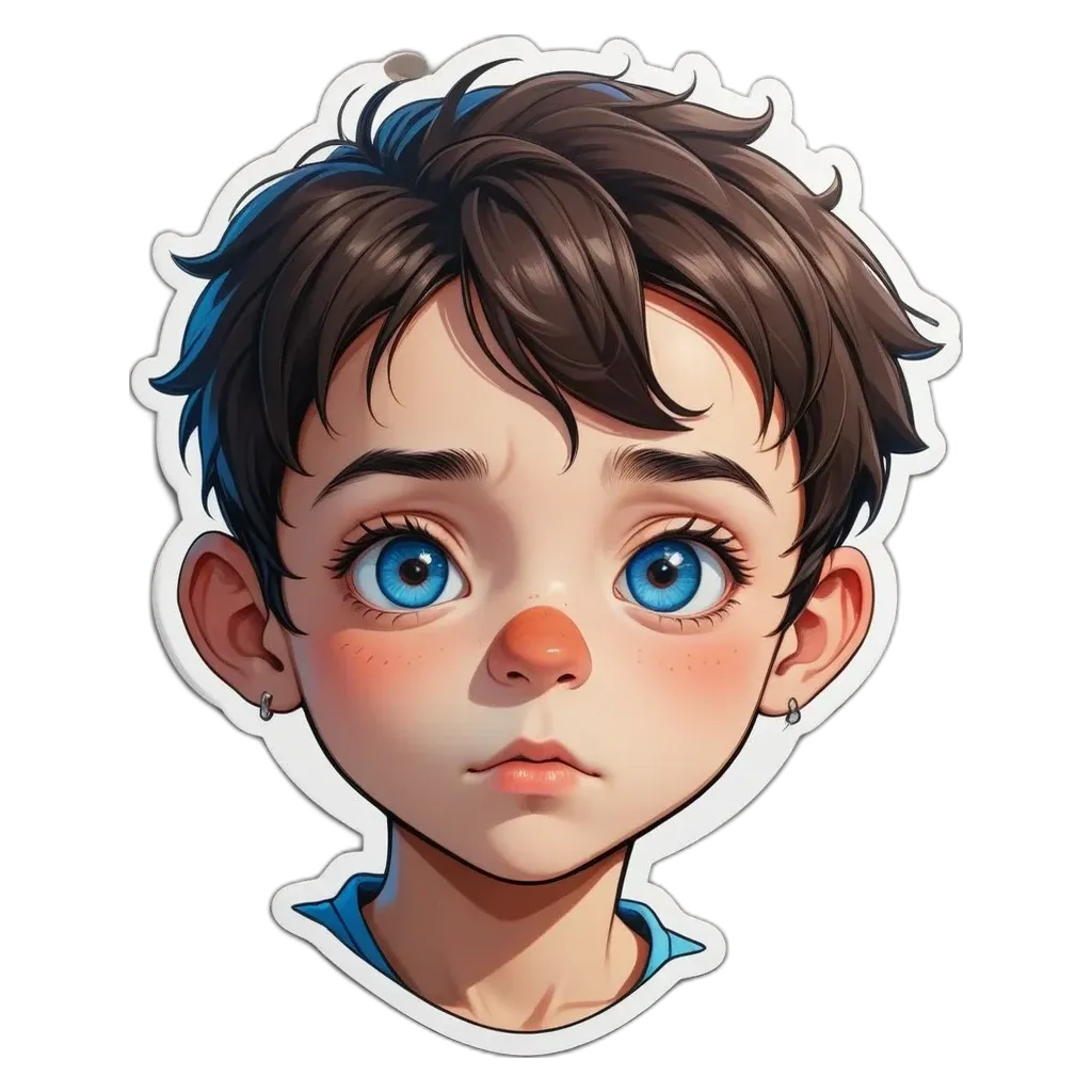 A boy with a sticker of his face on it.