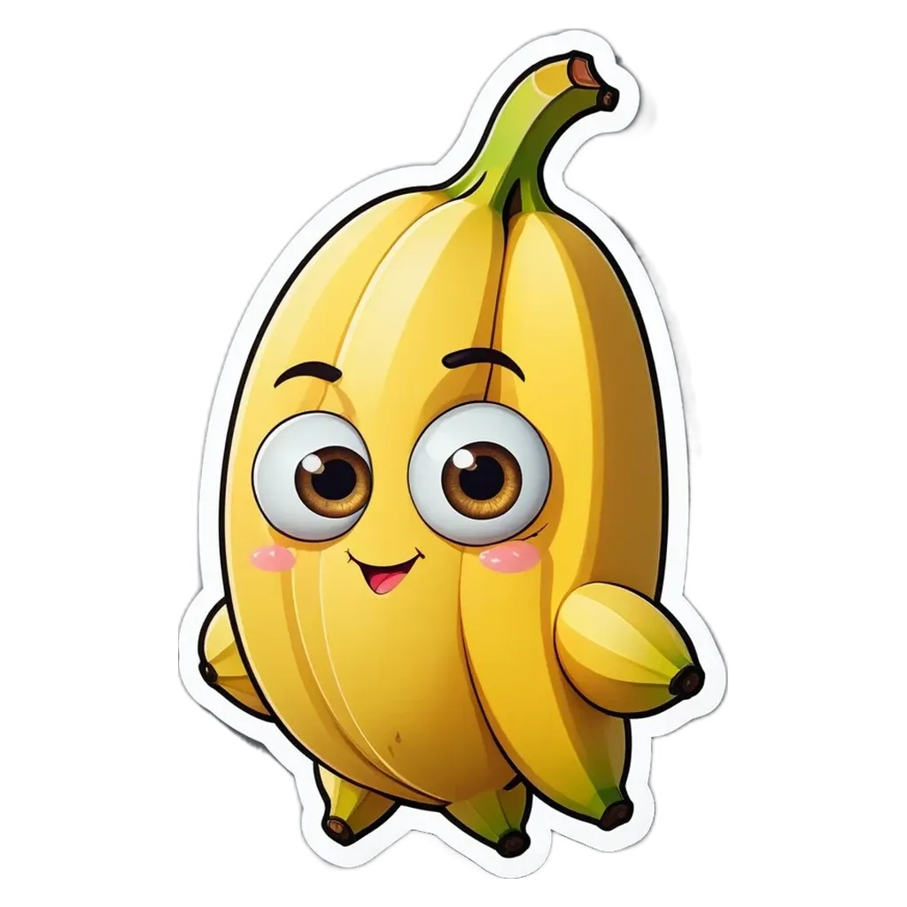 A banana character is looking at the camera with big, brown eyes.
