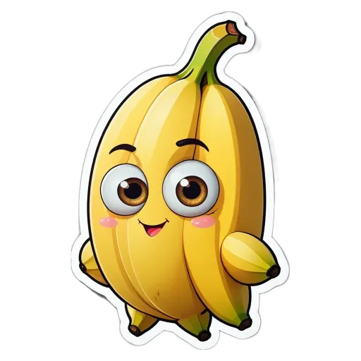 A banana character is looking at the camera with big, brown eyes.