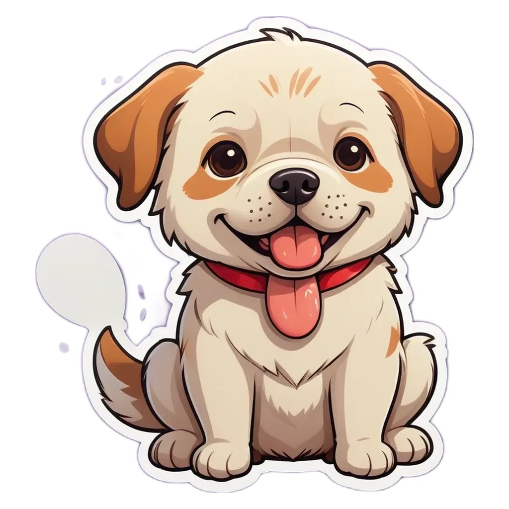 A dog sticker with a red collar is sitting on a black background.