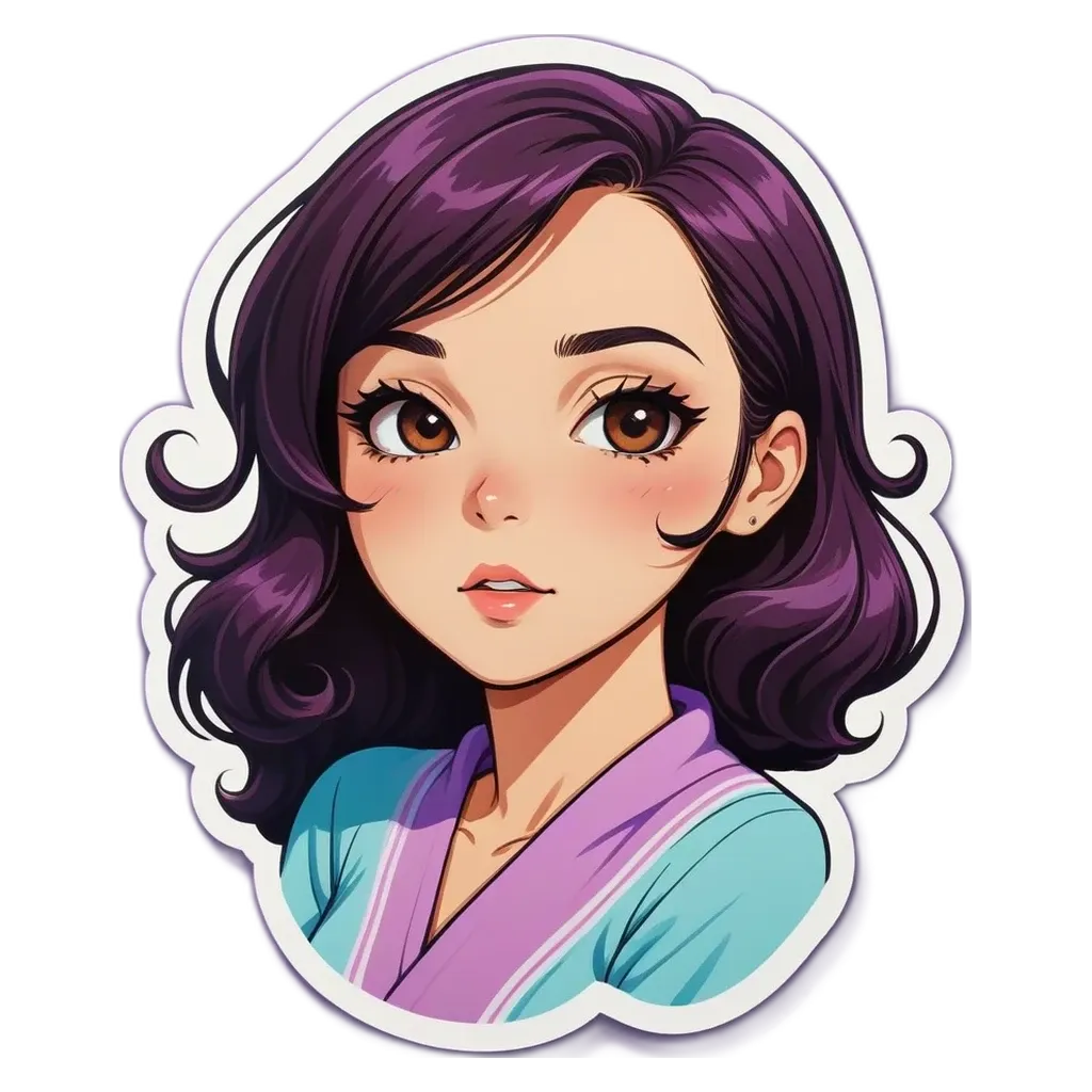 A sticker of a girl with long hair wearing a purple and white outfit.
