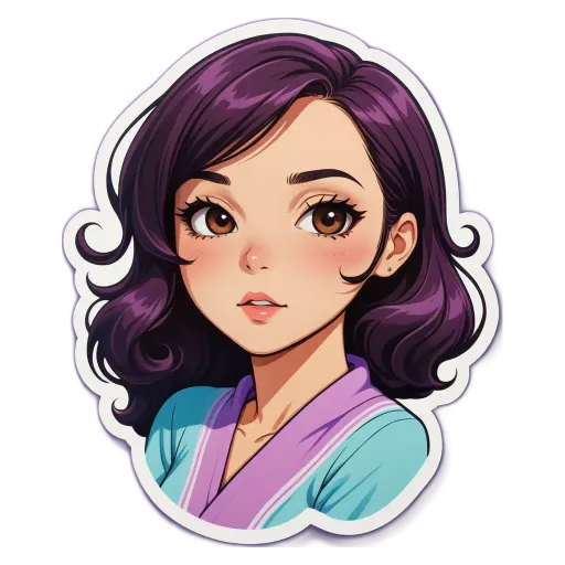 A sticker of a girl with long hair wearing a purple and white outfit.