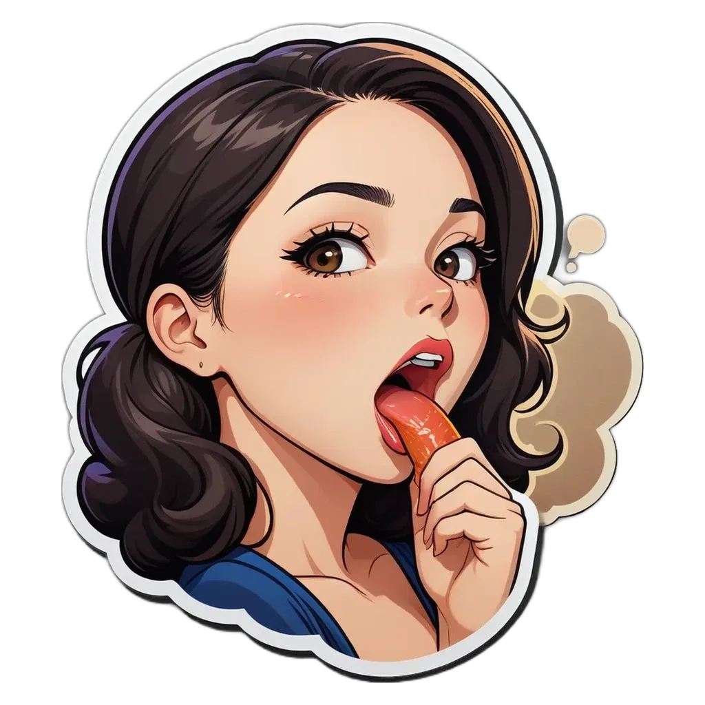 A sticker of a girl eating a hot dog.
