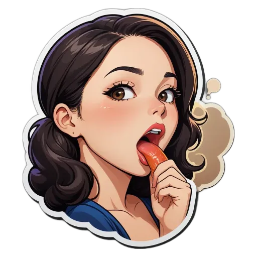 A sticker of a girl eating a hot dog.