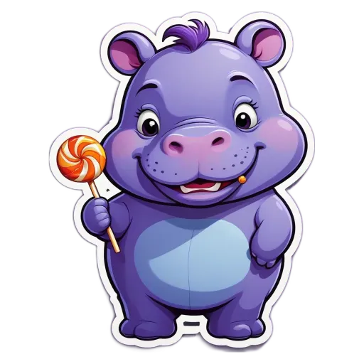 A cartoon image of a hippo with a lollypop in its mouth.