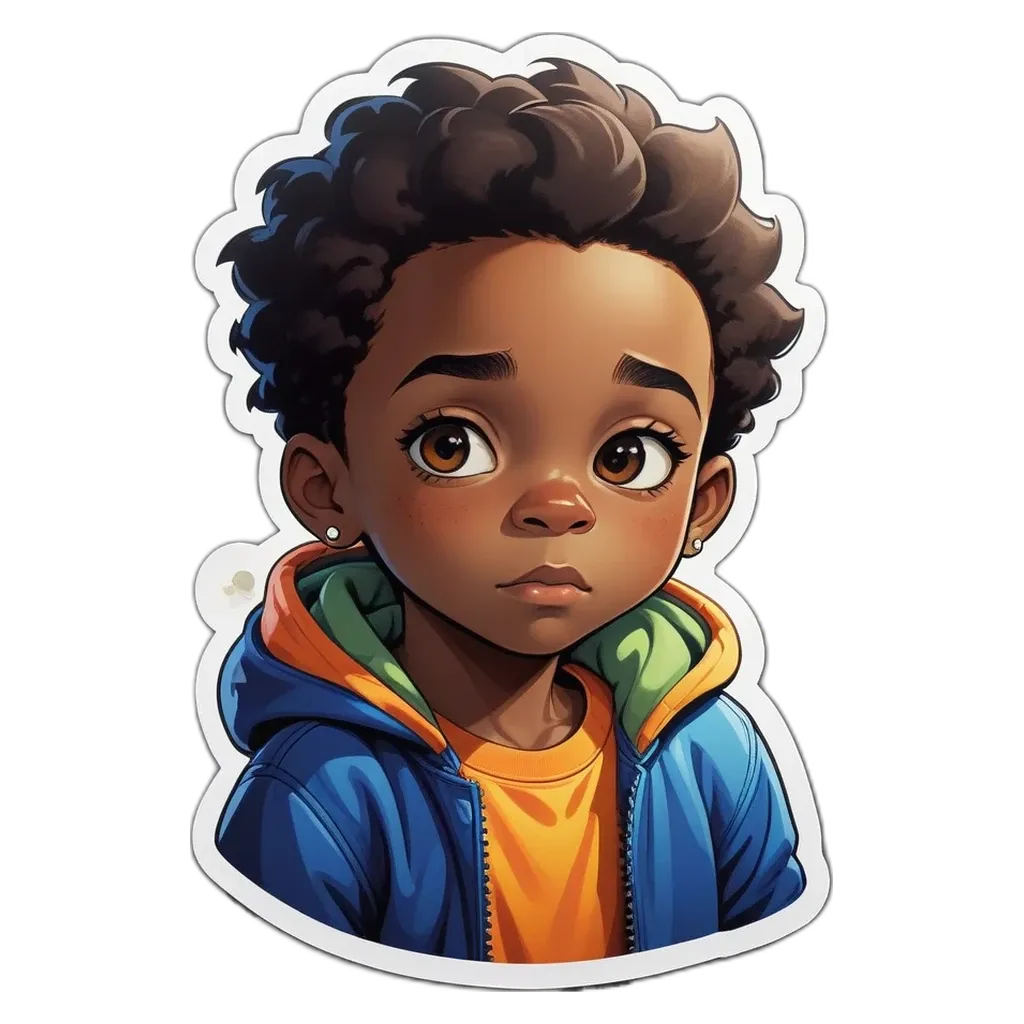 A boy with a blue hoodie looking down with a sticker of him.