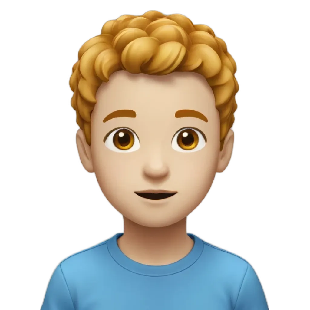 A boy with a blue shirt and curly hair.
