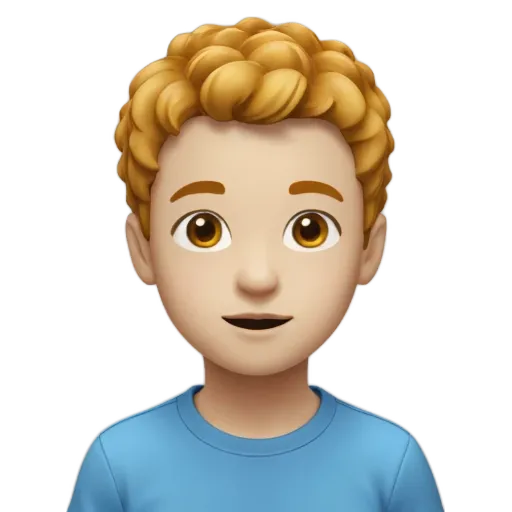A boy with a blue shirt and curly hair.