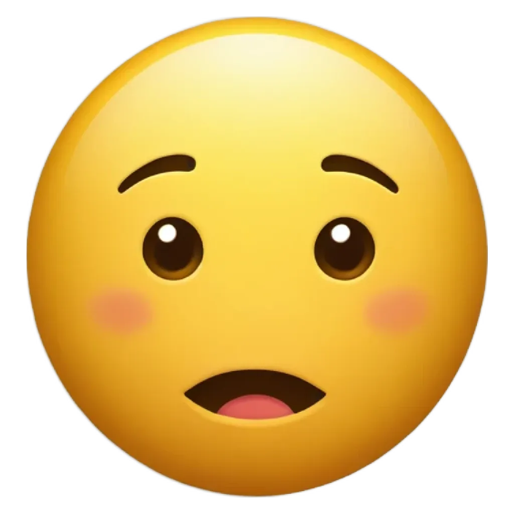 A sad face with a pink inside cheek appears with an exclamation point.