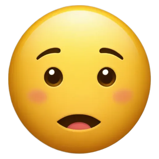 A sad face with a pink inside cheek appears with an exclamation point.