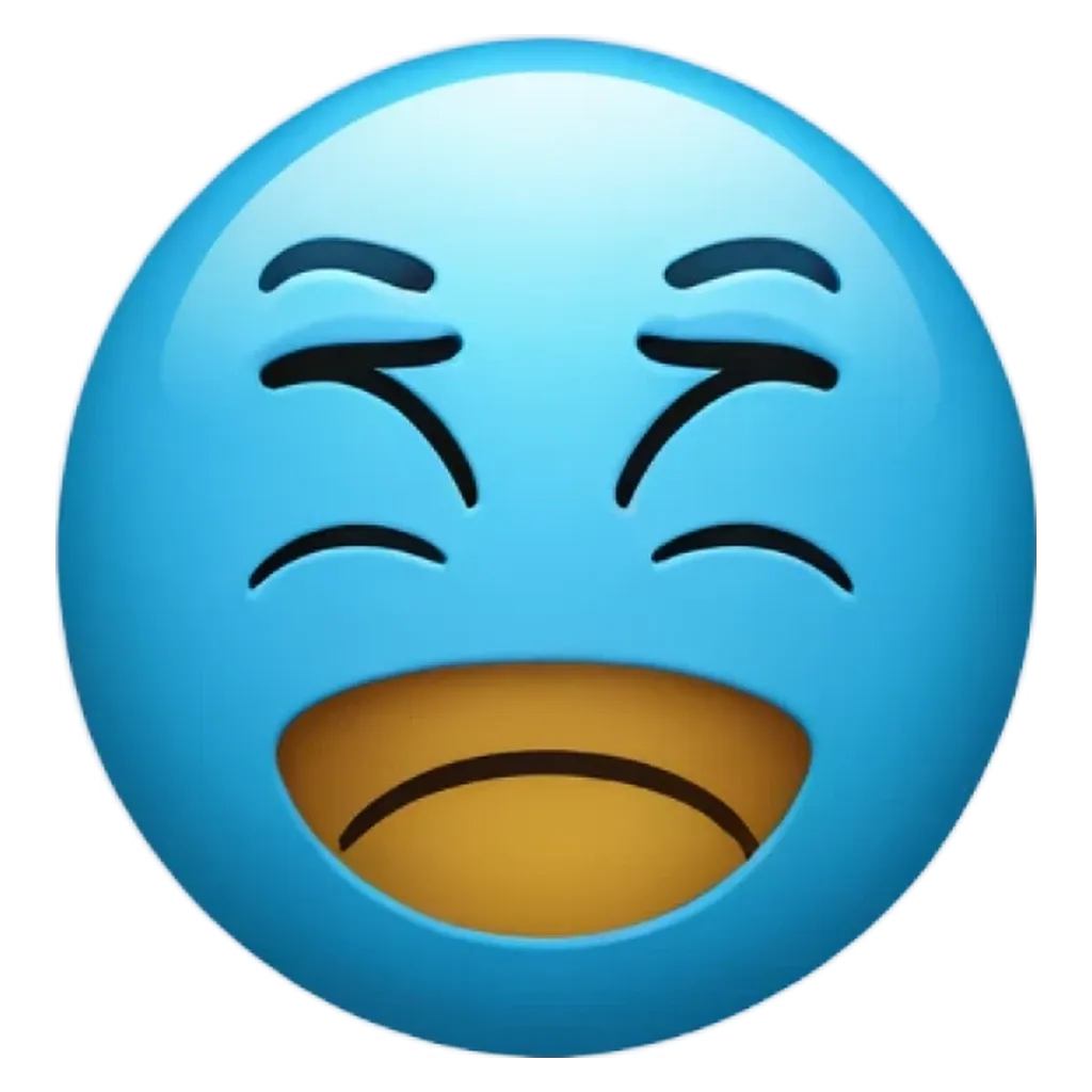 A laughing face with blue eyes and a navel.