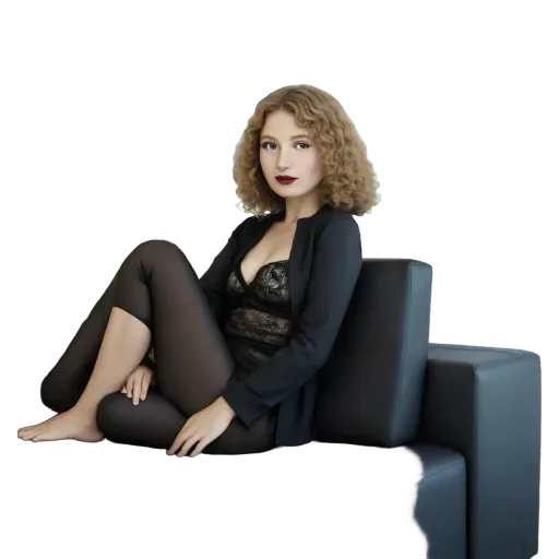 A woman with red lipstick sitting on a black couch.
