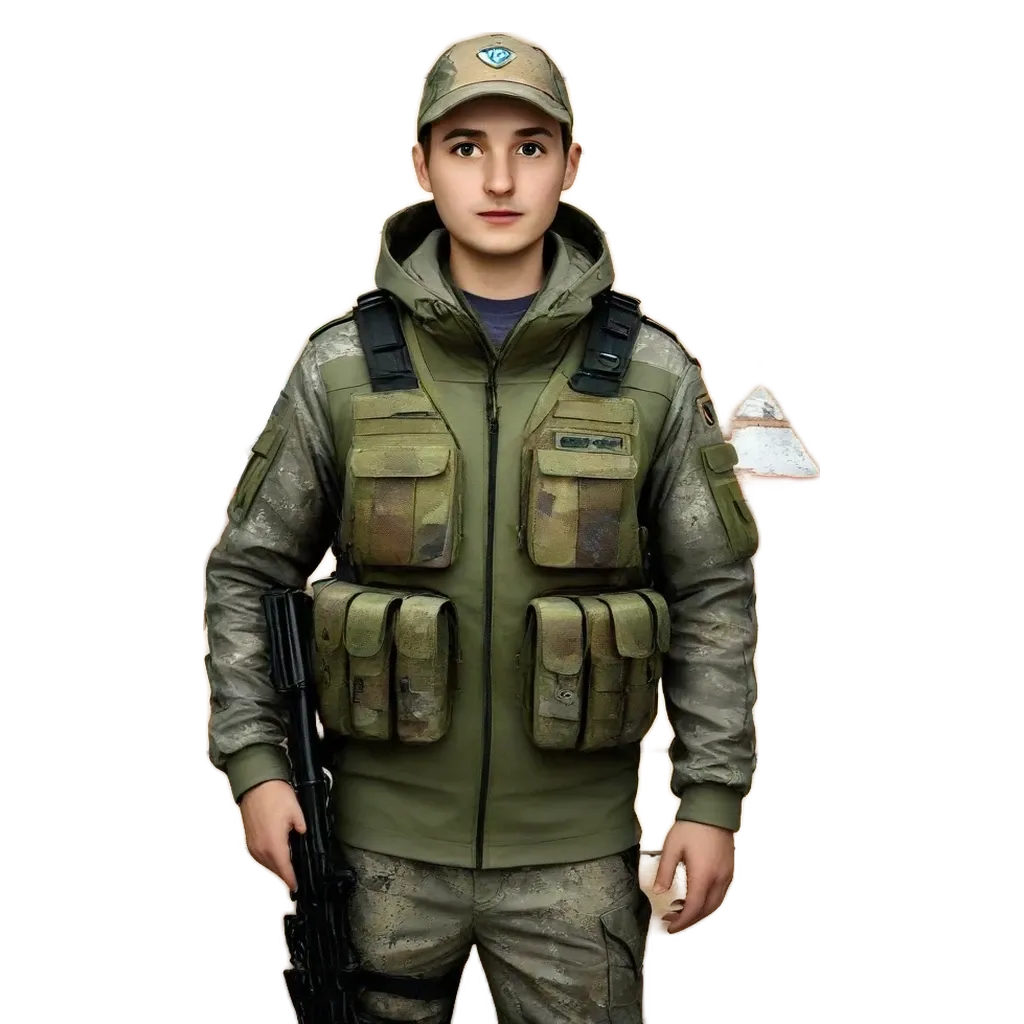 A boy in a jacket and hat stands with a gun.