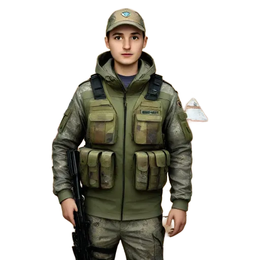 A boy in a jacket and hat stands with a gun.