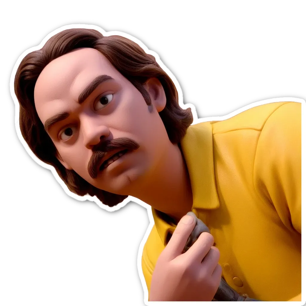 A sticker of a man with a mustache and yellow shirt.