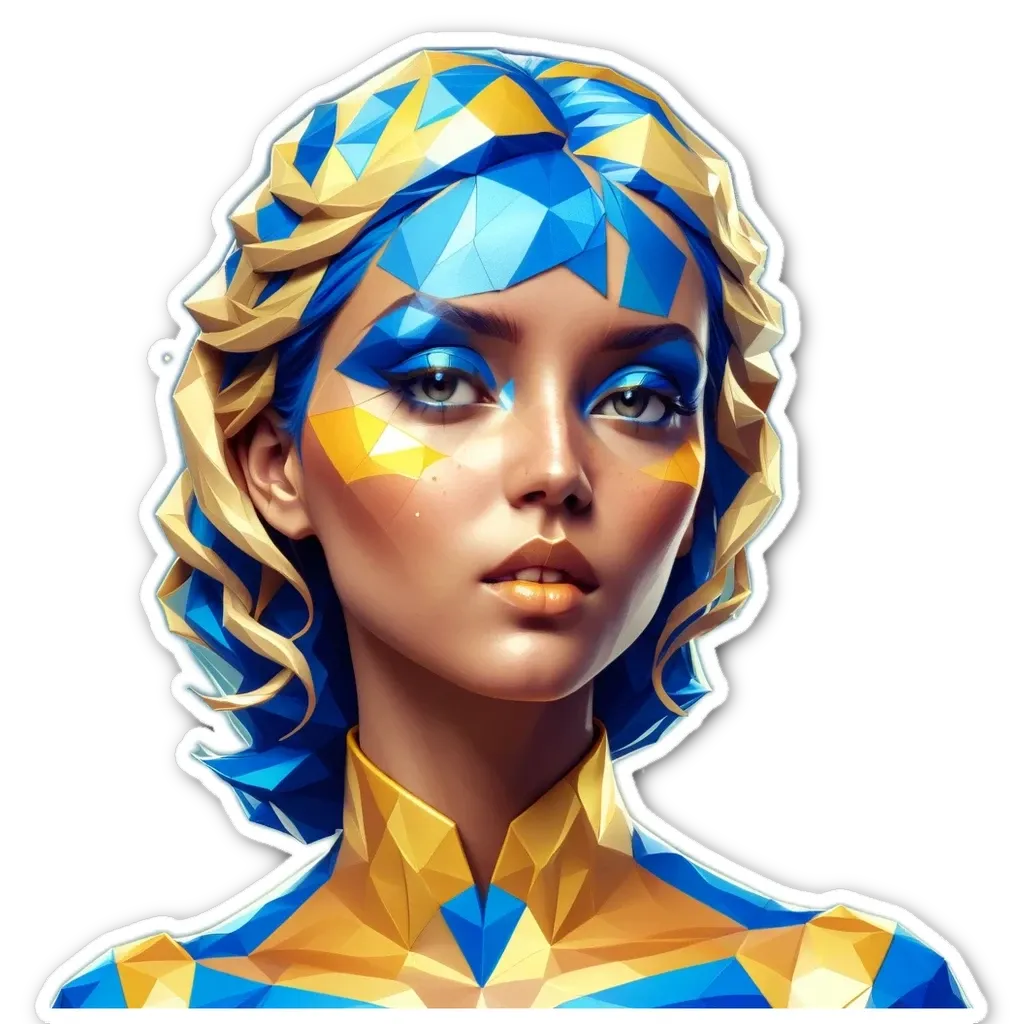 A woman with a blue and yellow geometric patterned head sticker.