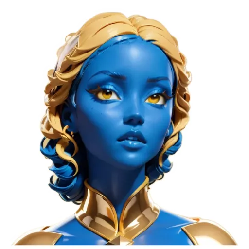 A very detailed and colorful blue and gold character is staring at the camera.