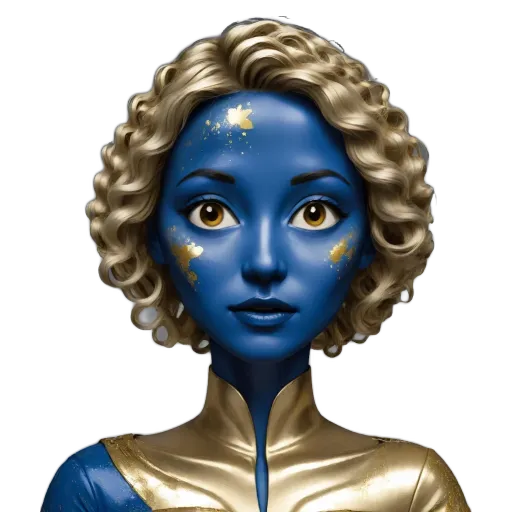A blue and gold character is staring at the camera.