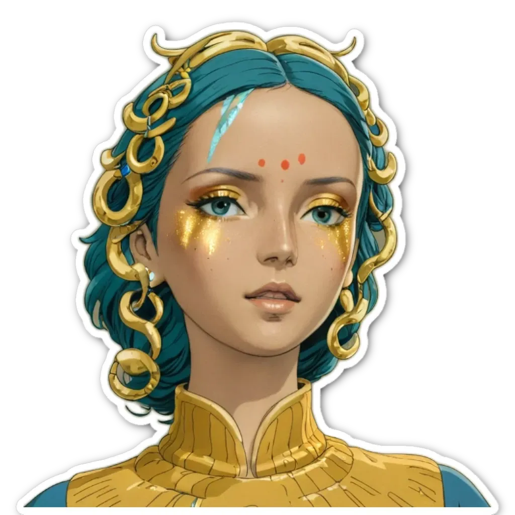 A woman with blue hair and gold accents is sticker'd.