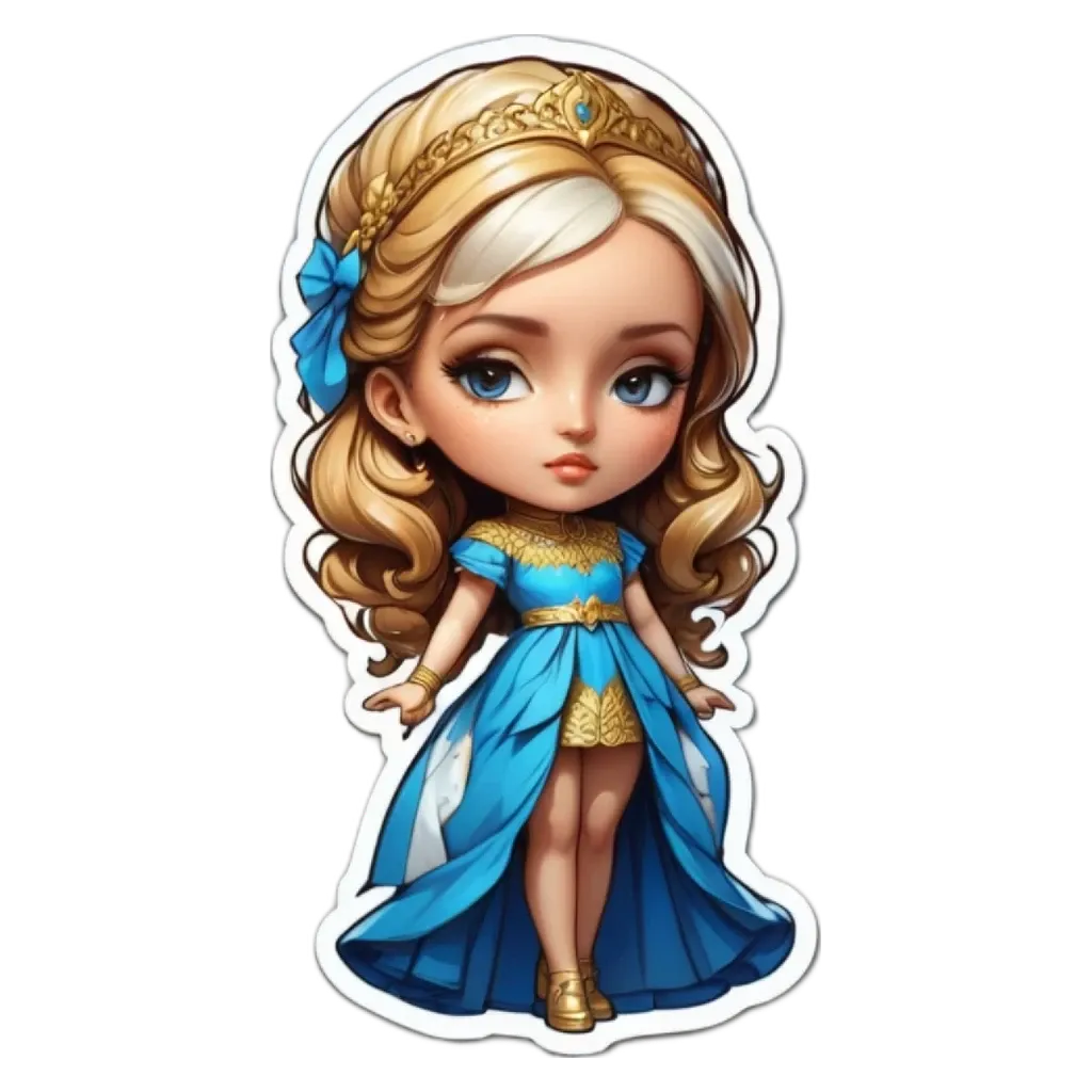 A cartoon drawing of a little girl with a blue dress.