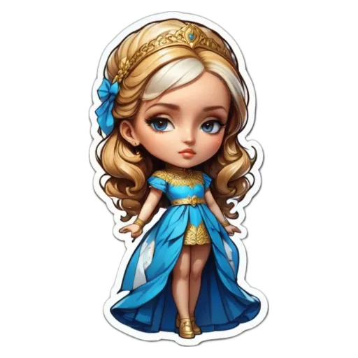 A cartoon drawing of a little girl with a blue dress.