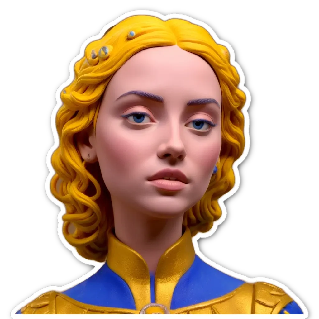 A sticker of a yellow woman with blue eyes.