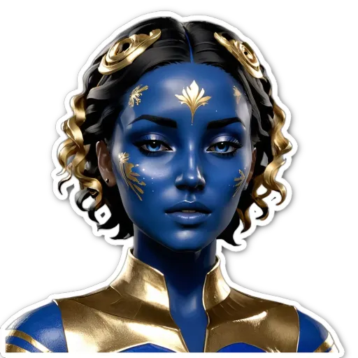 A sticker of a girl with blue eyes and gold swirls in her hair.
