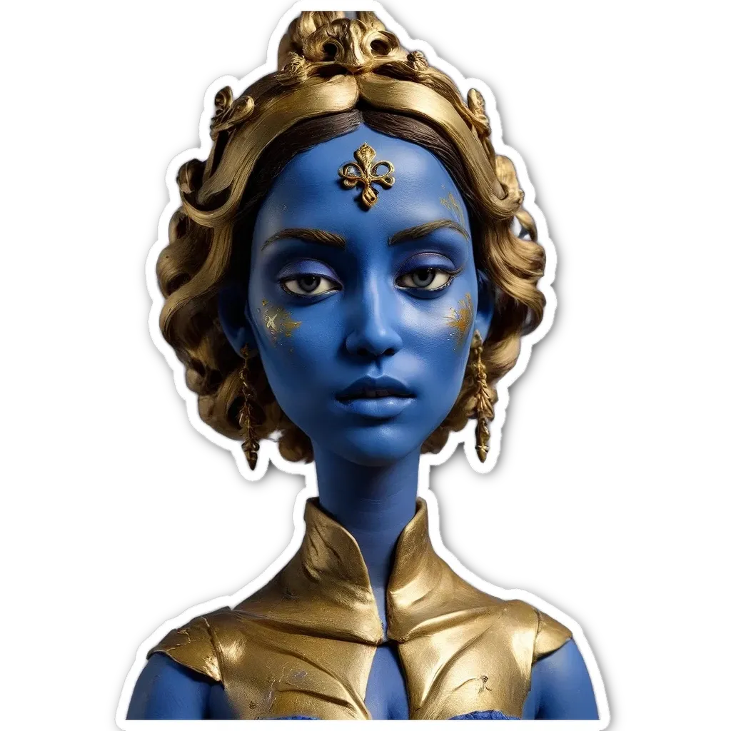A very detailed and pretty gold and blue themed sculpture of a woman.