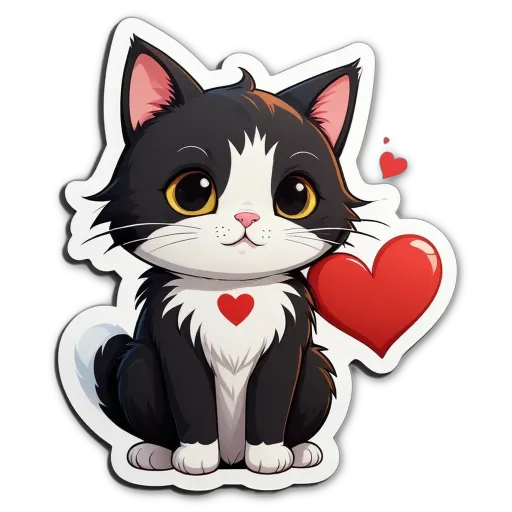 A black and white cat with a red heart sticker.