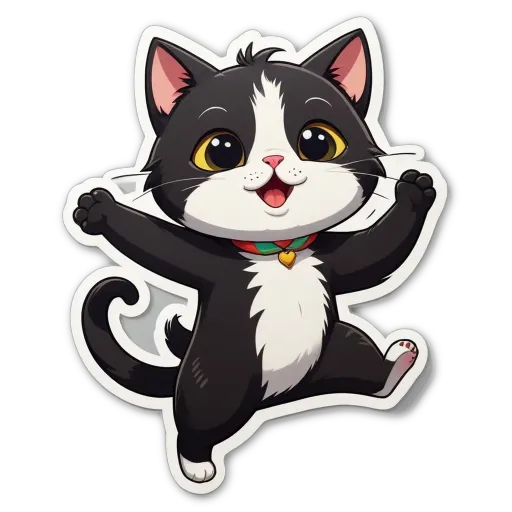 A black and white cat with a red collar is holding its paw up.