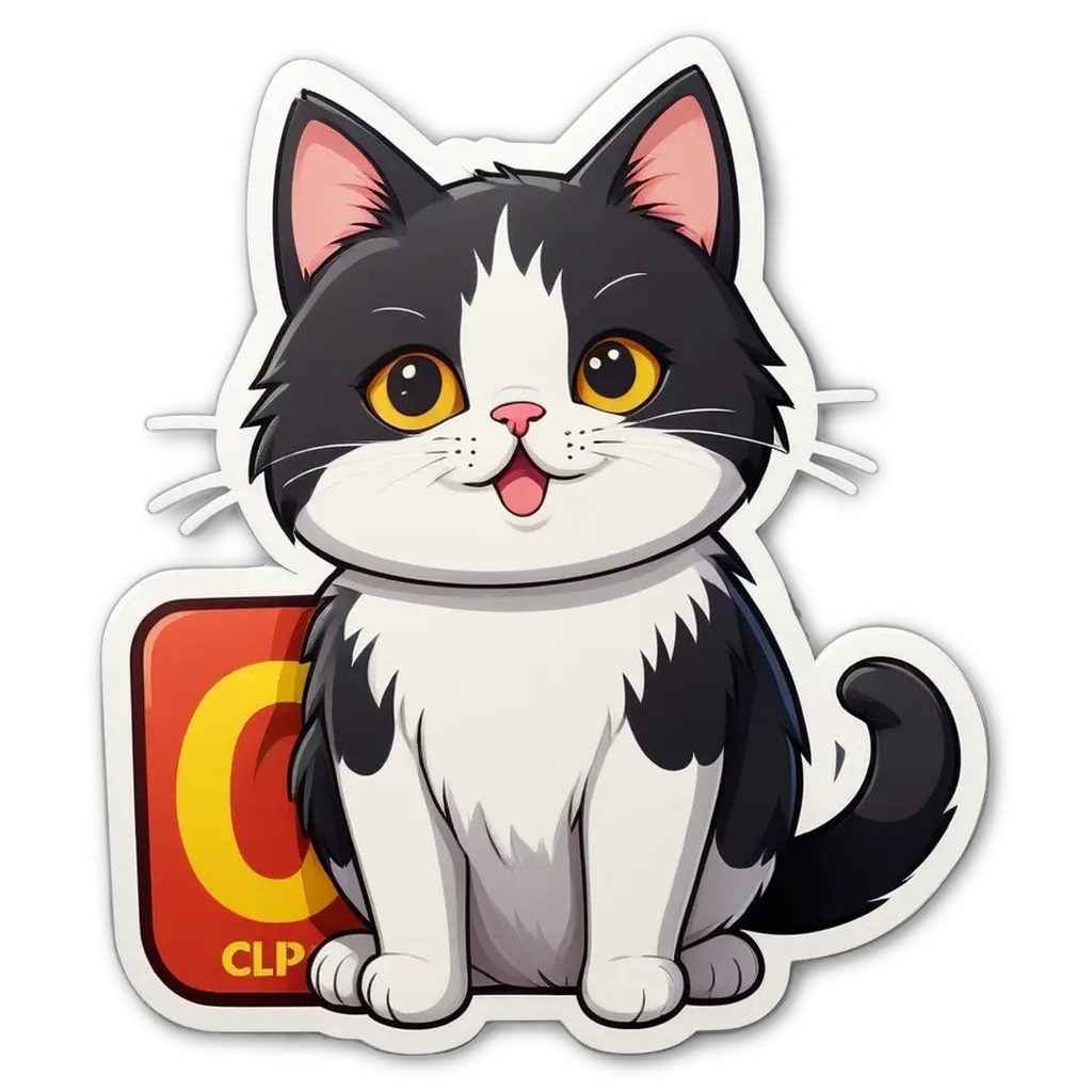 a cat with the letter o on a sticker.