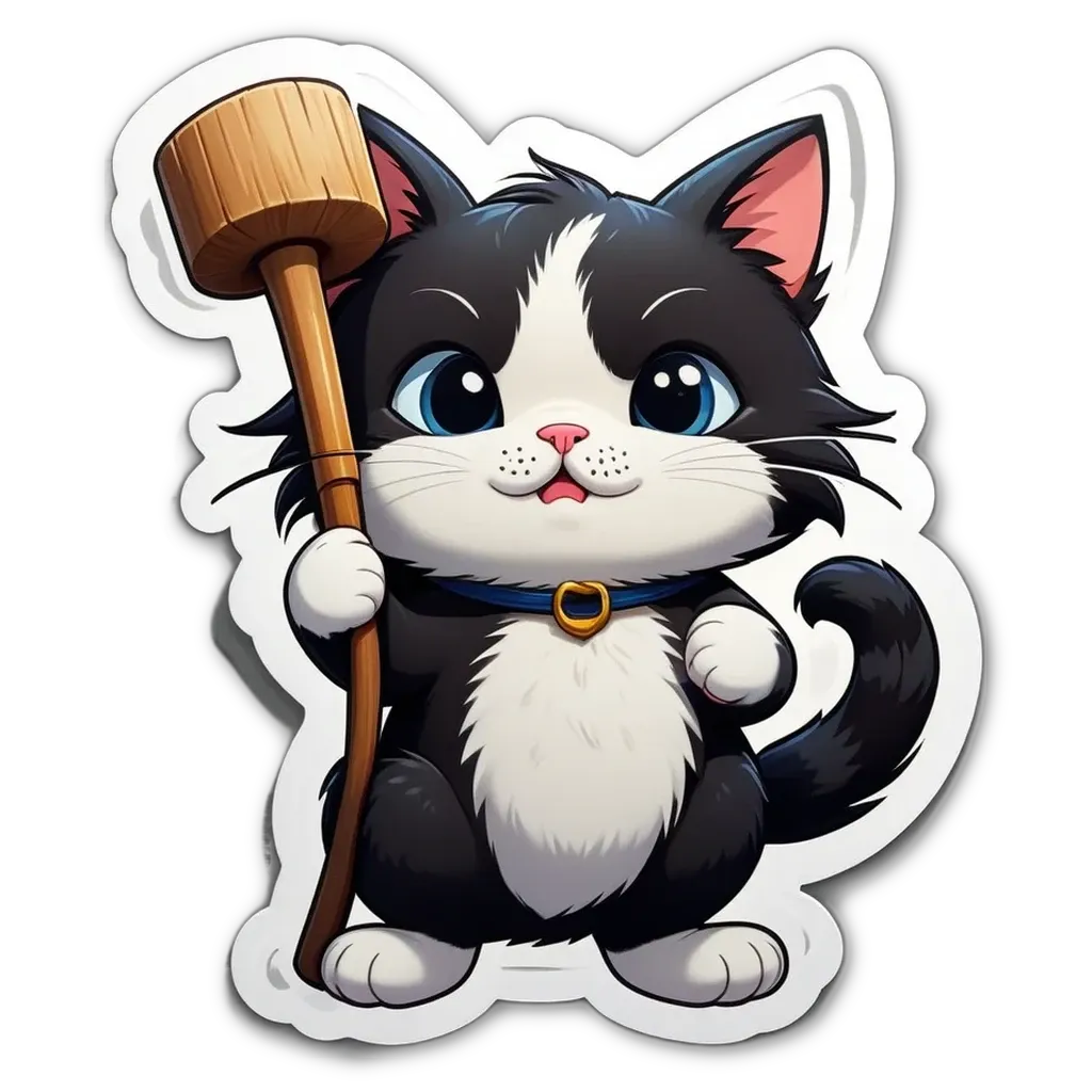 A cartoon black and white cat holding a broom.