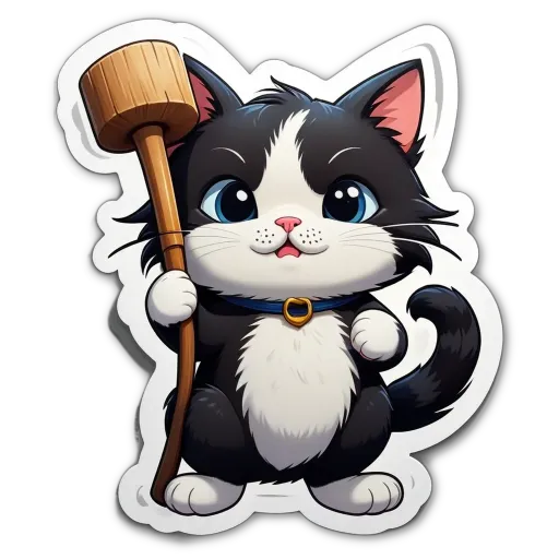 A cartoon black and white cat holding a broom.