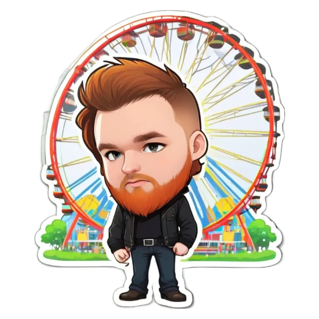 A sticker of a man with a beard and black jacket standing in front of a ferris wheel.