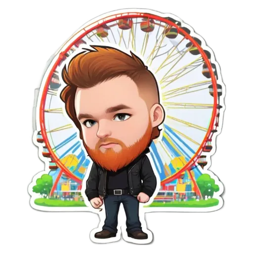 A sticker of a man with a beard and black jacket standing in front of a ferris wheel.