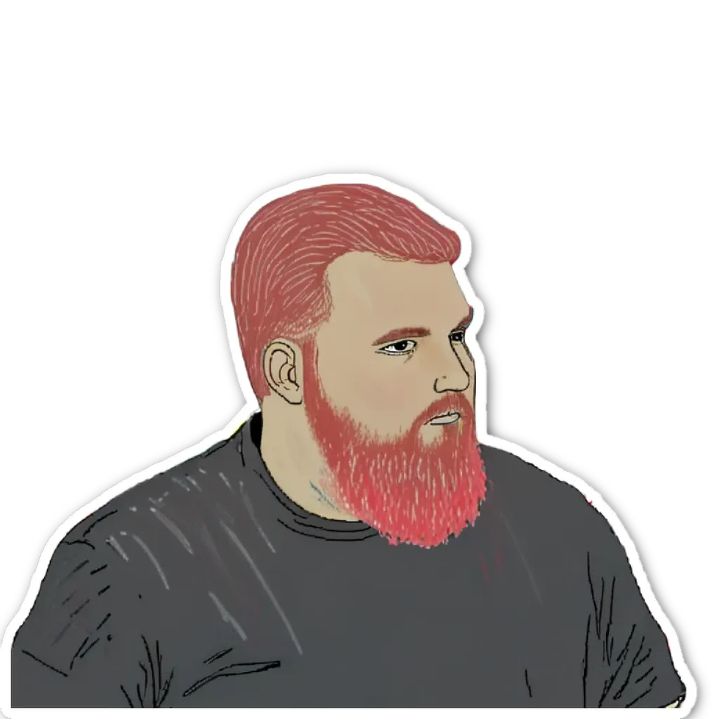 A sticker of a man with a red beard and black shirt.