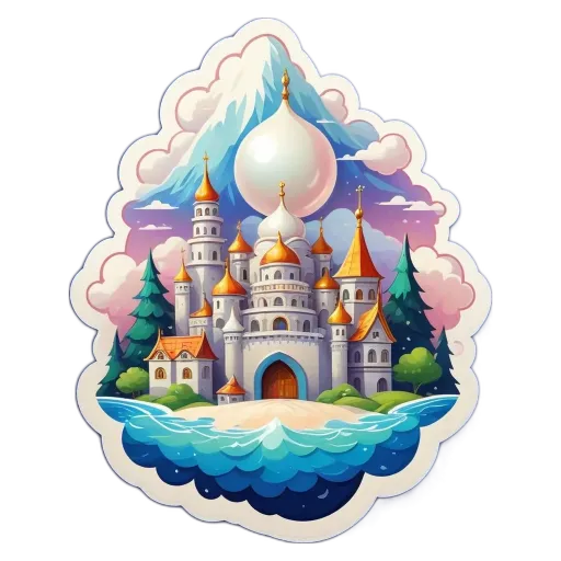 A cartoonish drawing of a castle and ocean with a watermark.
