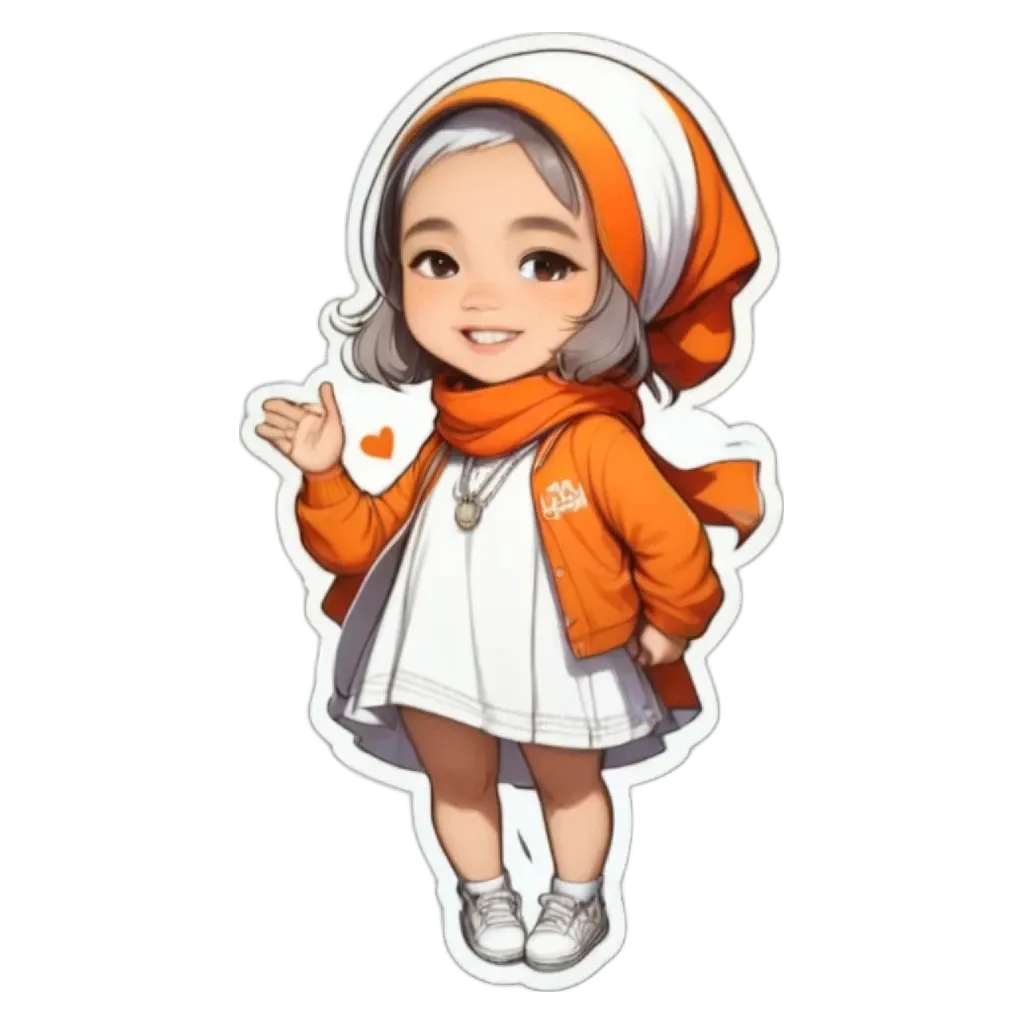A girl wearing a white dress and an orange sweater is waving.