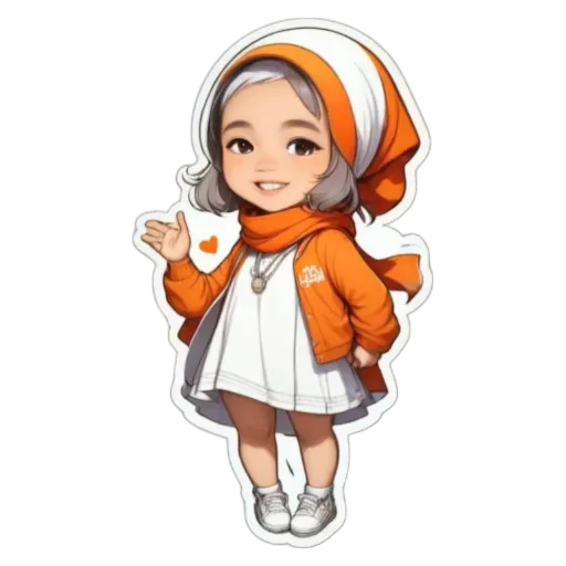 A girl wearing a white dress and an orange sweater is waving.