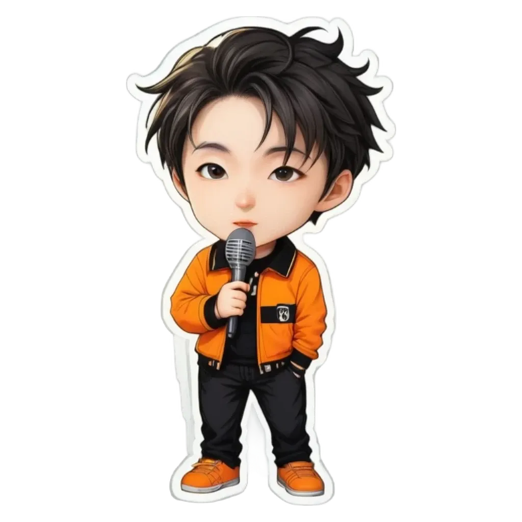A boy is holding a microphone wearing an orange jacket.