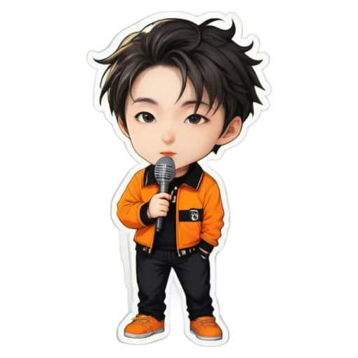 A boy is holding a microphone wearing an orange jacket.