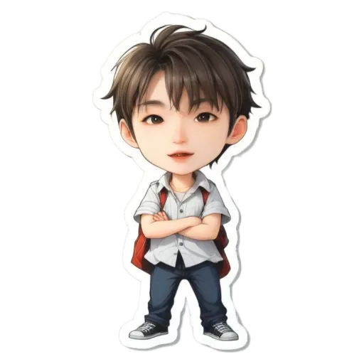 A boy wearing a white shirt and blue jeans with a backpack.