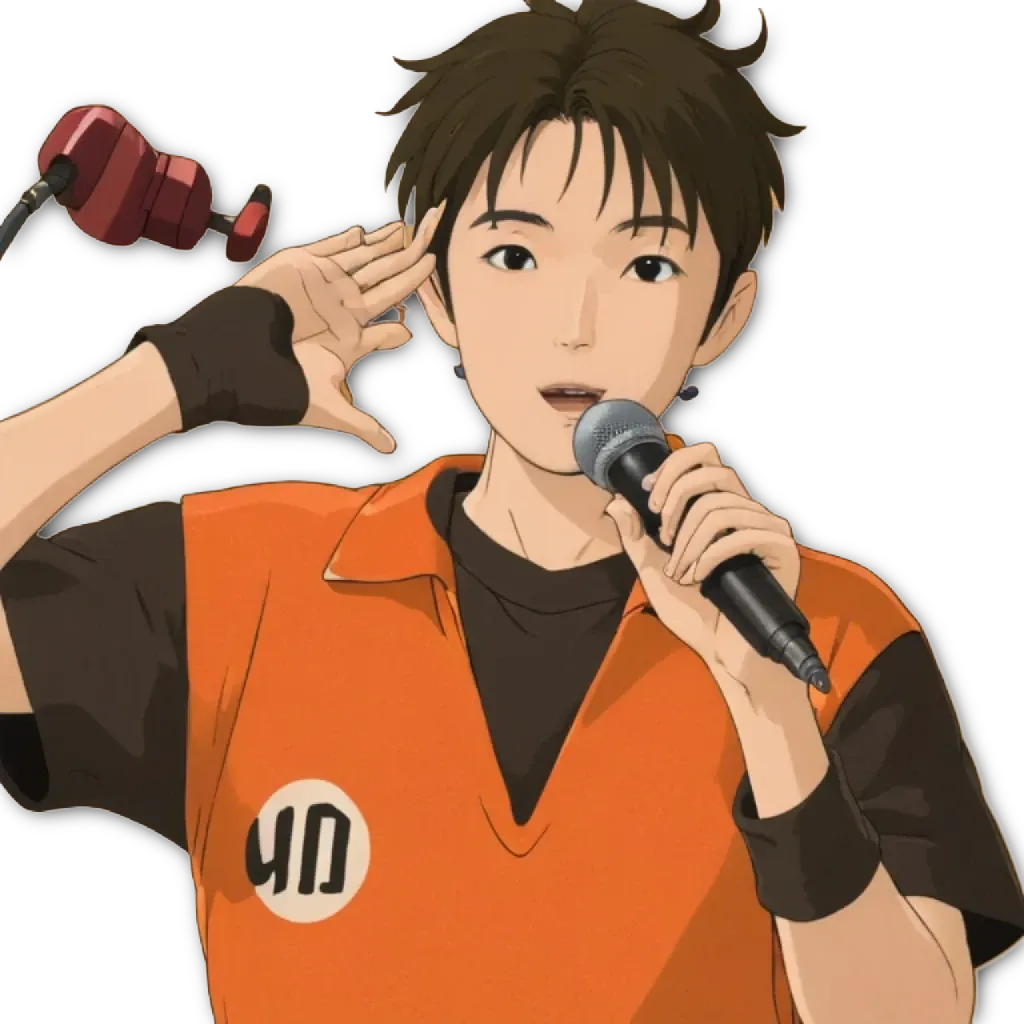 An anime singer using a microphone is shown with the words "4D" on his shirt.