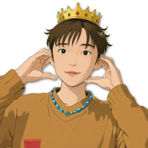 A boy is wearing a crown and holding his hands up.