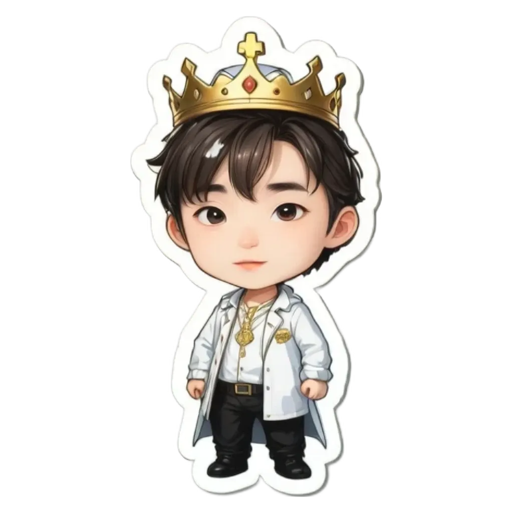 A boy wearing a white lab coat and a gold crown sticker.