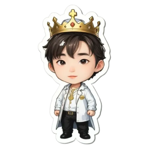 A boy wearing a white lab coat and a gold crown sticker.