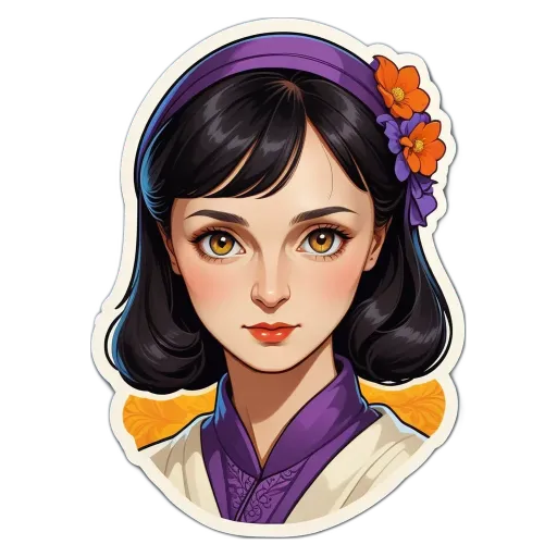 A sticker of a girl's face that is colored purple.