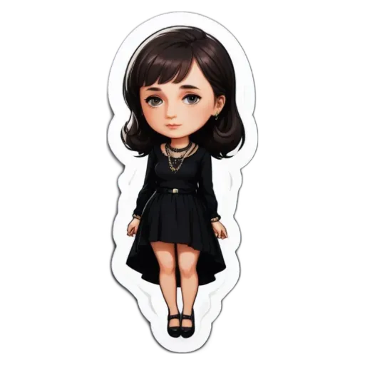 A girl is standing on a black and white sticker.