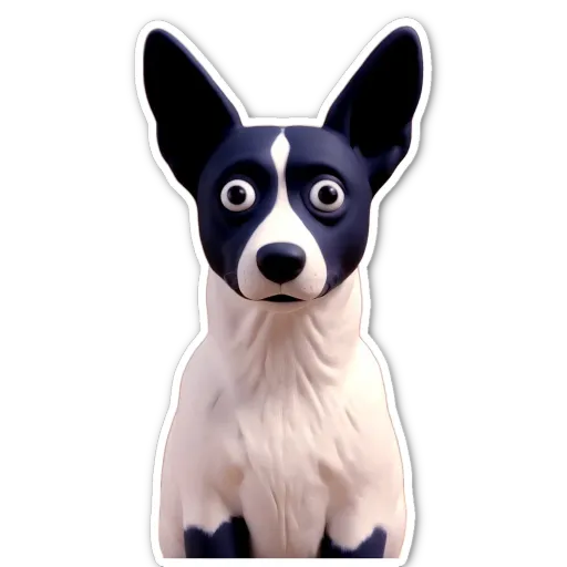 A black and white dog with big eyes.